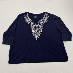 Talbots Navy Blue Top Split Neck Embroidered Cotton Blend Blouse 3X Petite